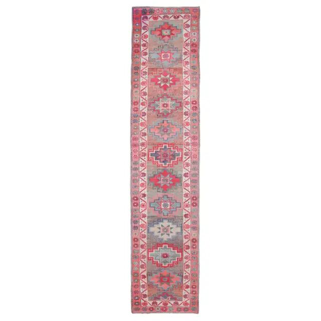 Vintage Turkish Oushak Handmade Wool Cotton Pink Runner 85x387