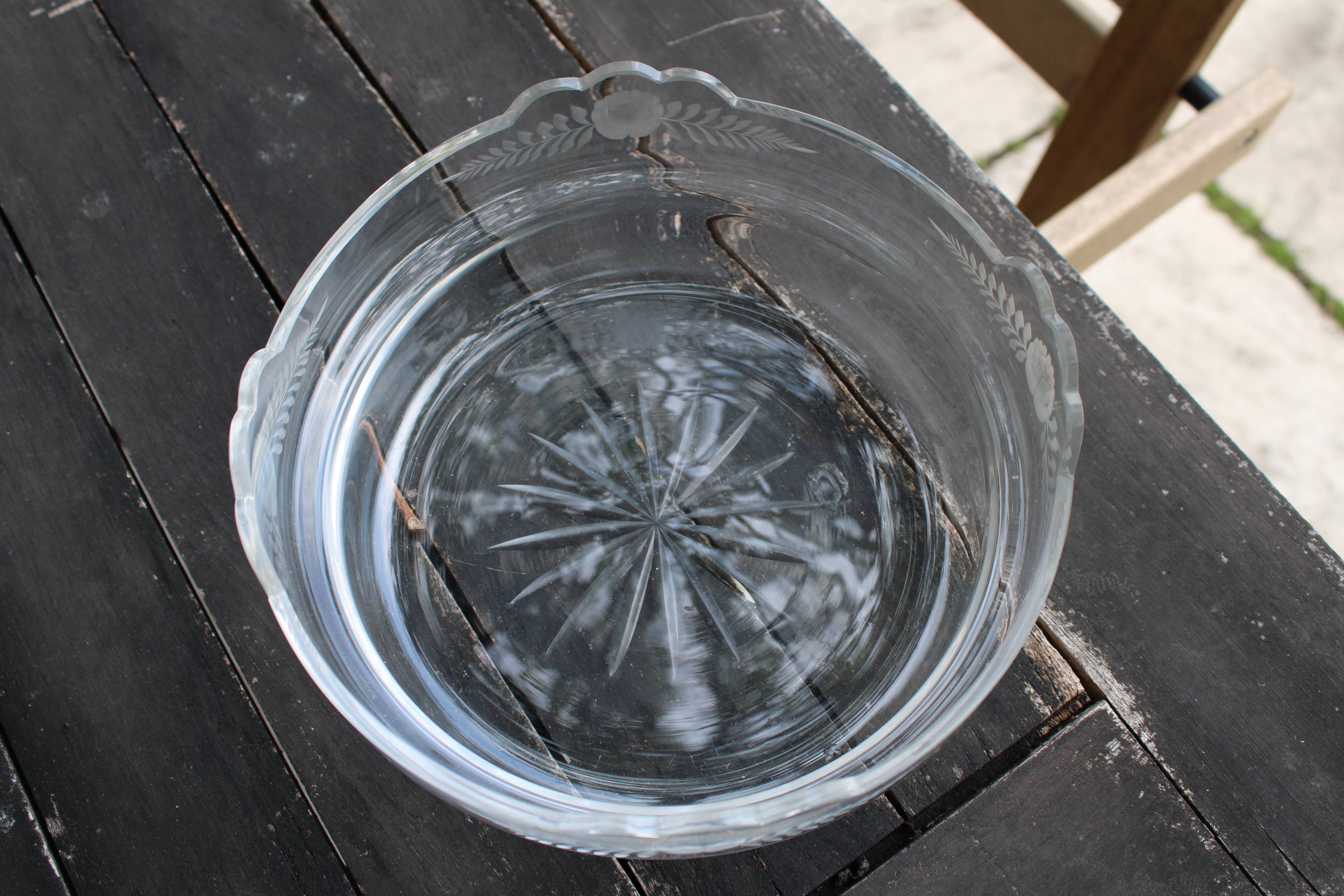 Worked metal fruit basket and glass