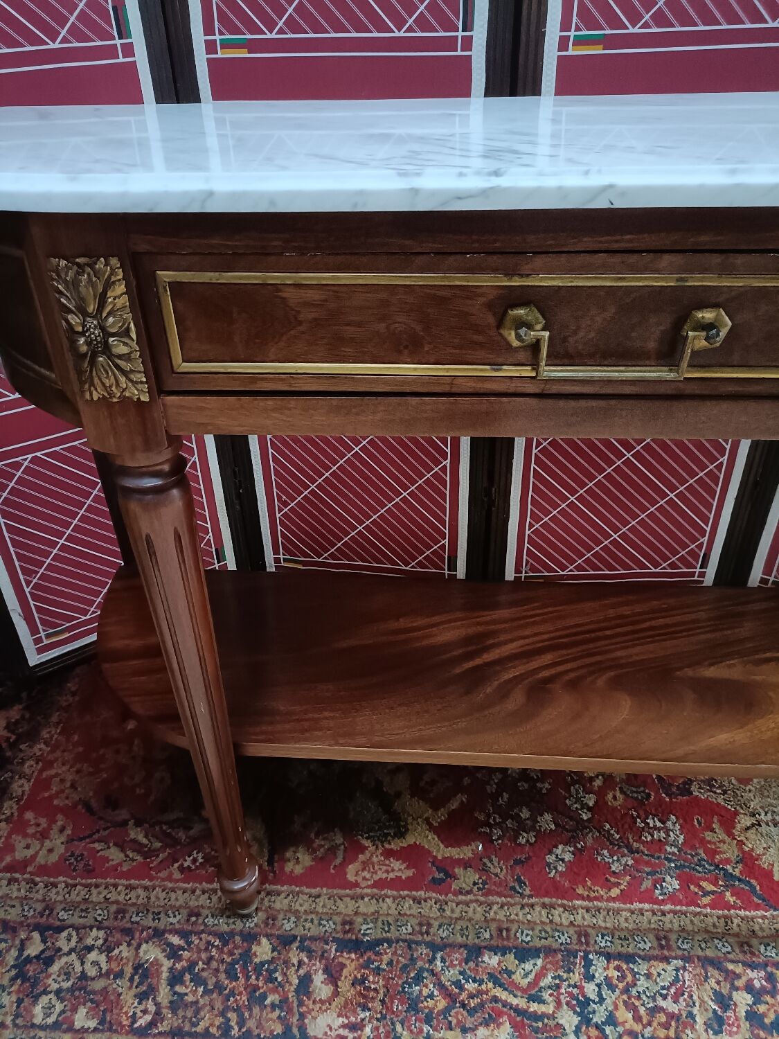 Louis XVI style half-moon console with veined white marble and drawer