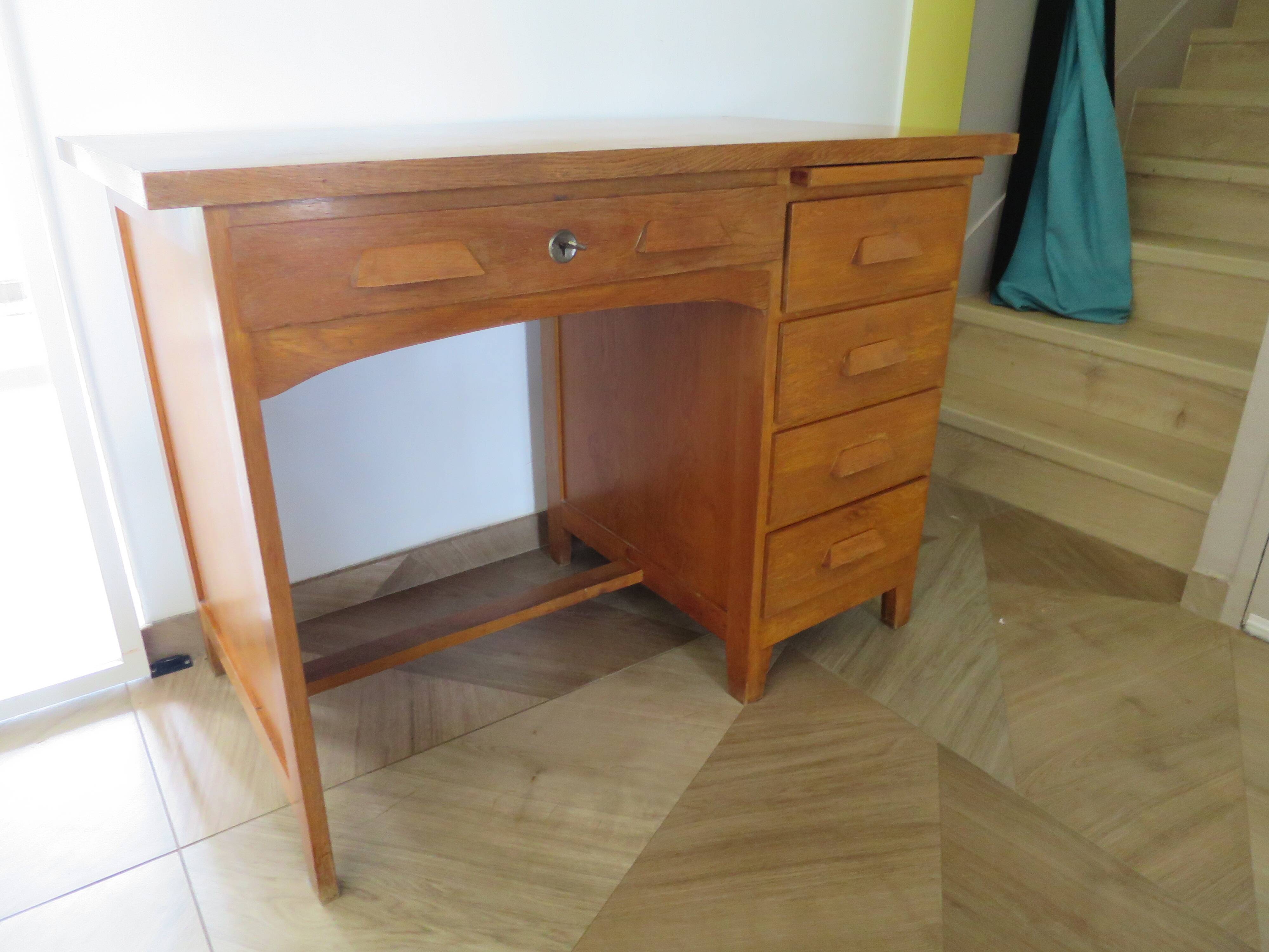 Vintage modernist desk - 5 drawers - shelf - 1950s - closure mechanism