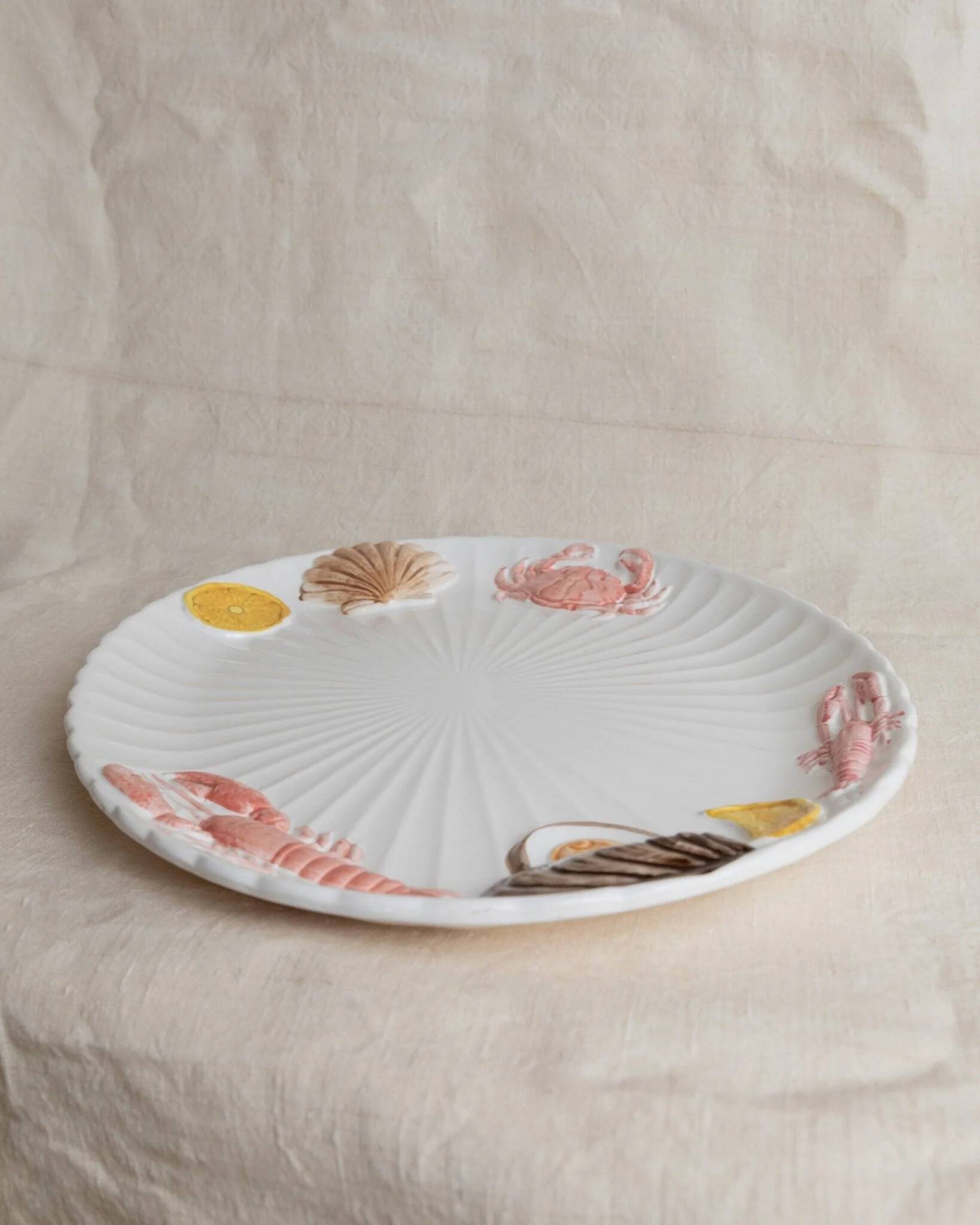 XL White Ceramic Oval Seafood Plate, 1980s Japan, Hand-Painted Relief, Vintage Decor