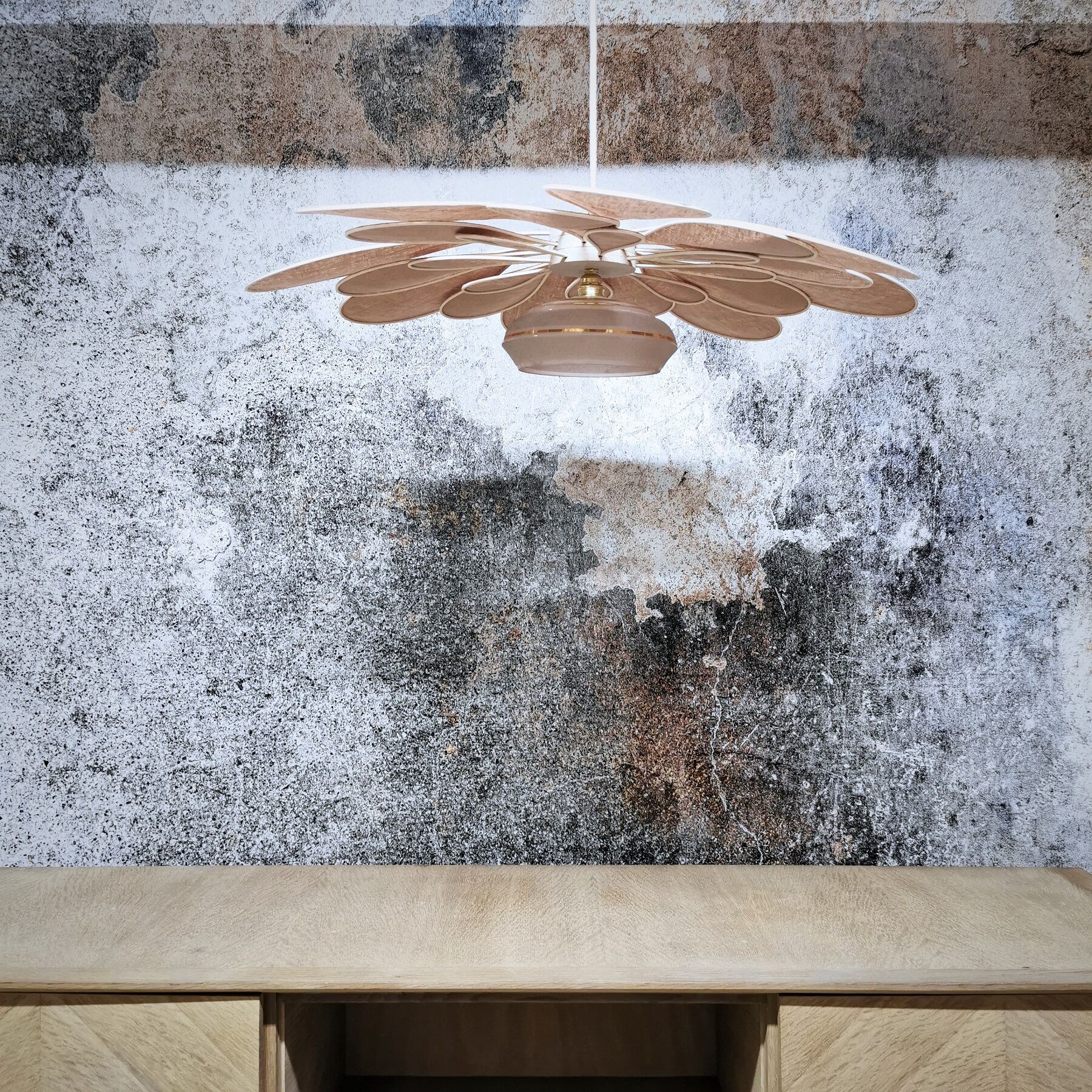 Vintage antique globe pendant lamp and linen and rattan petals