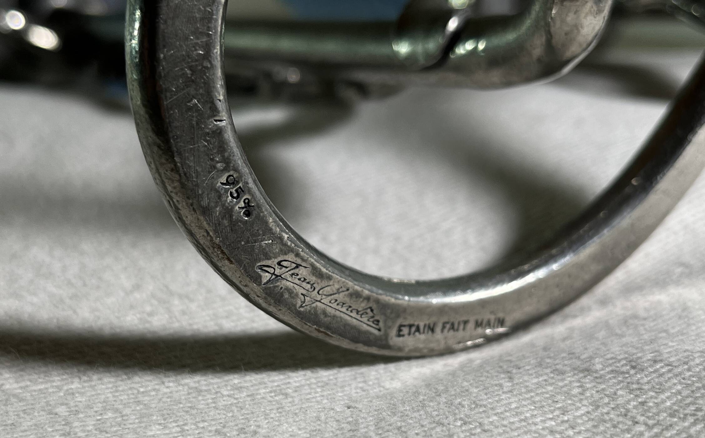 Tin & glass candle holder, floral decoration, signed Jean Goardére.