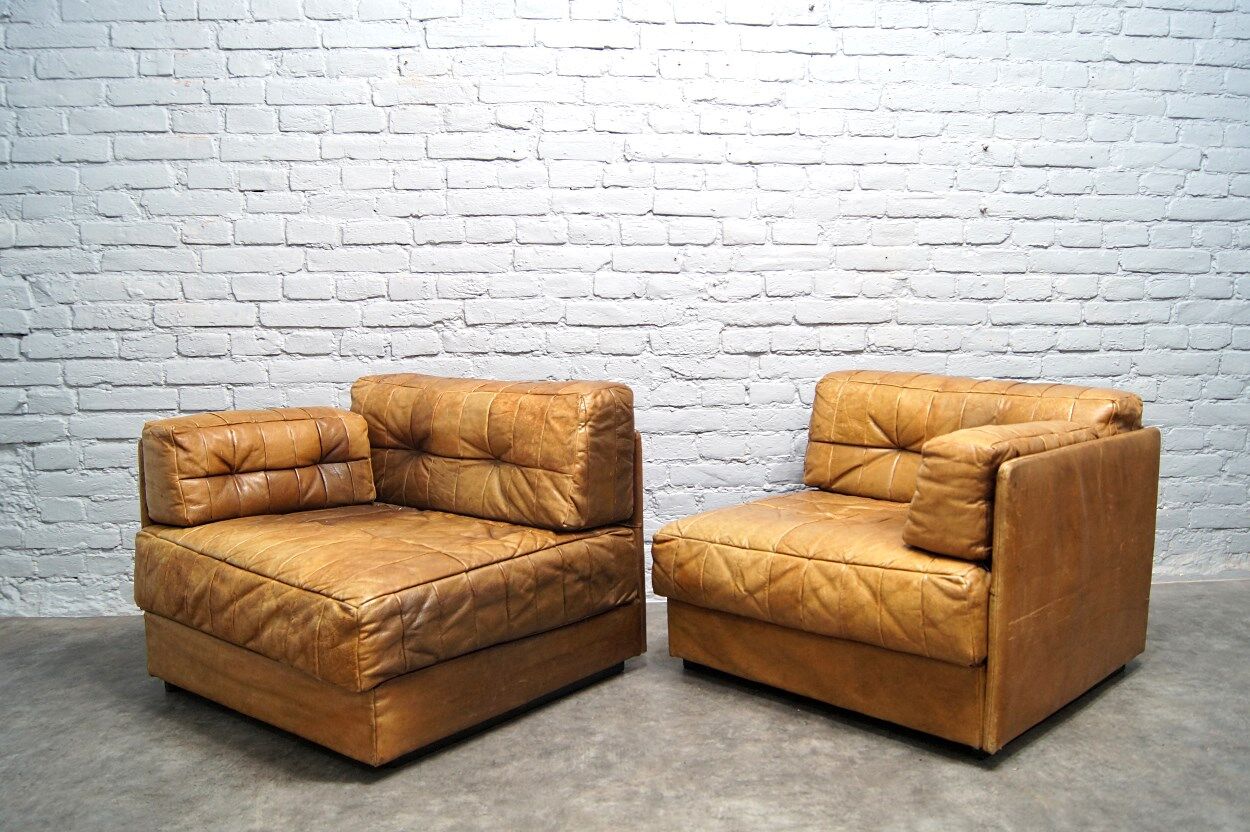 Cognac leather patchwork modular sofa or daybeds, 1970s