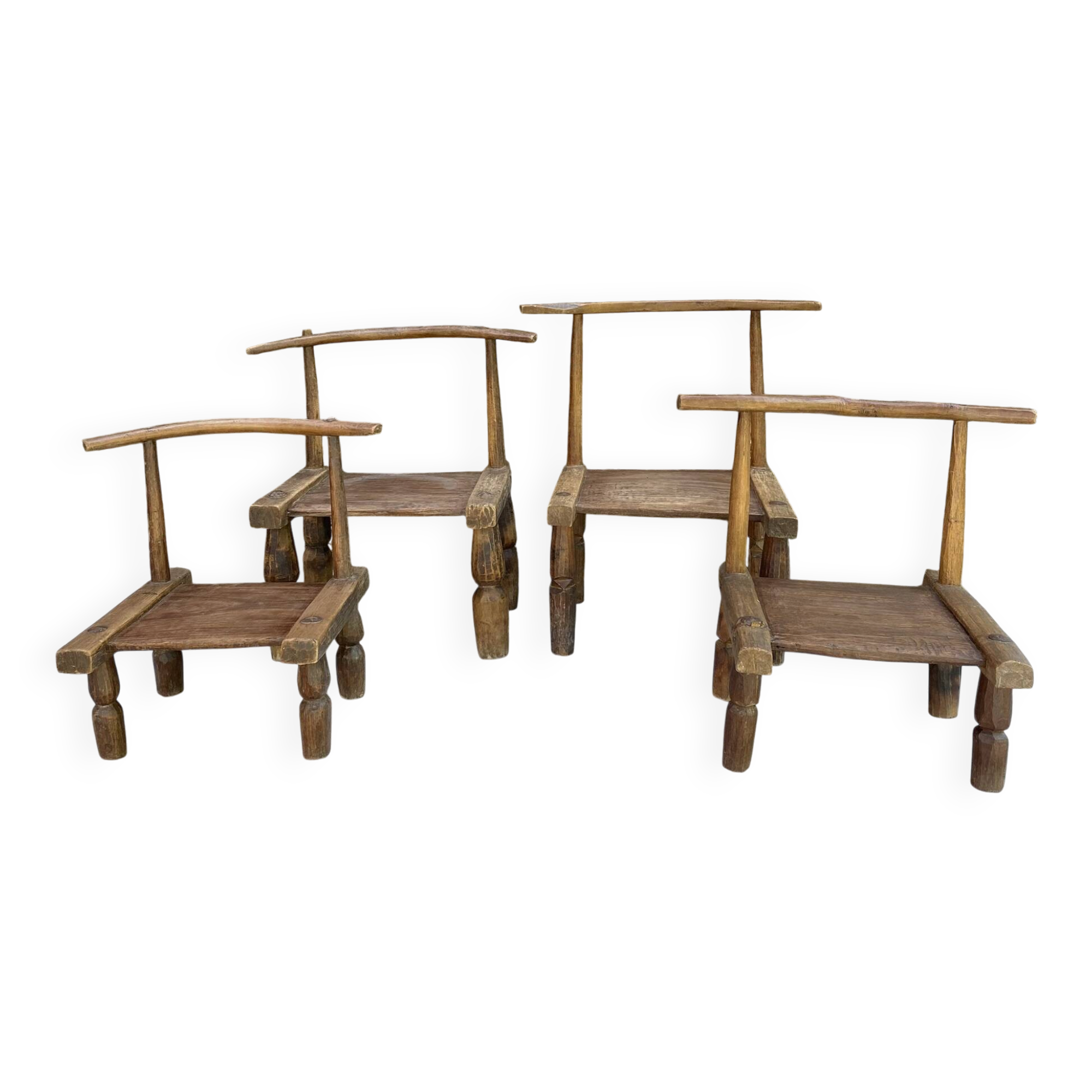 Ancient Baoulé African chairs in carved wood, Wabi-Sabi.