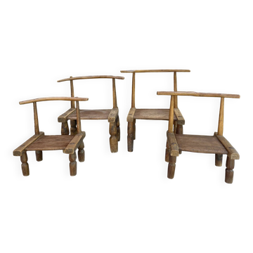 Ancient Baoulé African chairs in carved wood, Wabi-Sabi.
