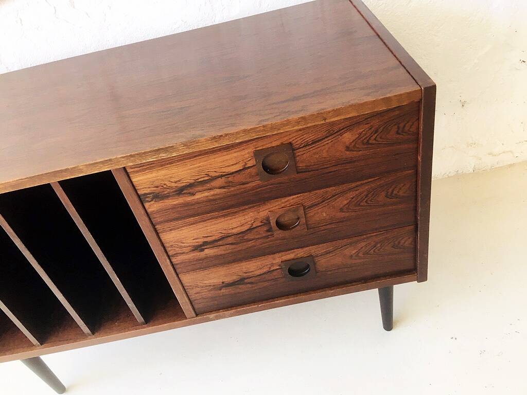 Wooden sideboard with 3 drawers and vinyl storage, Denmark 1970