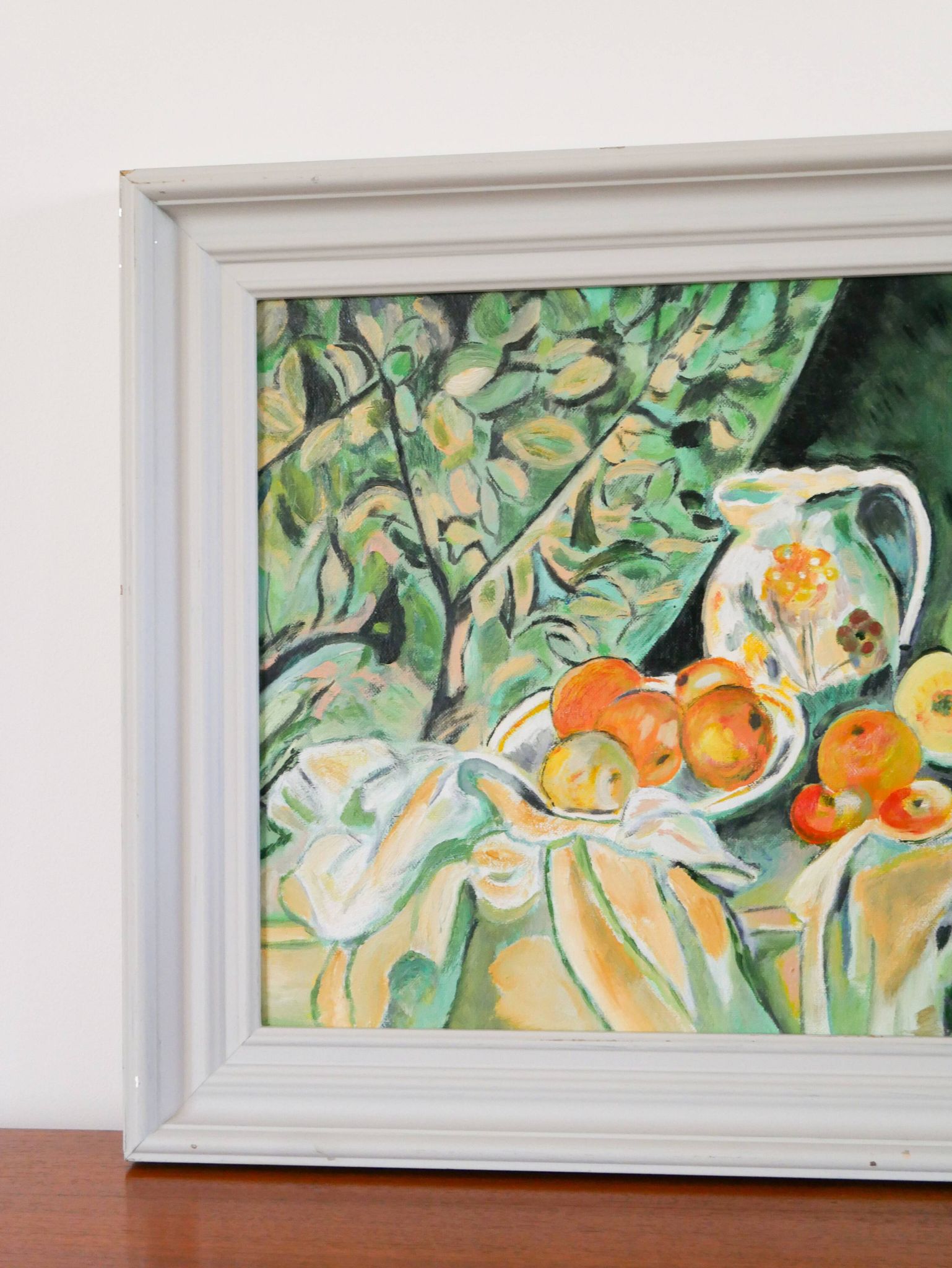 Beautiful painting, oil on cardboard, still life after Cézanne, Orange Green