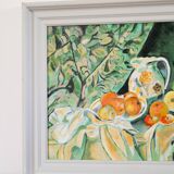 Joli tableau, huile sur carton, nature morte d'après Cézanne, Vert Orange