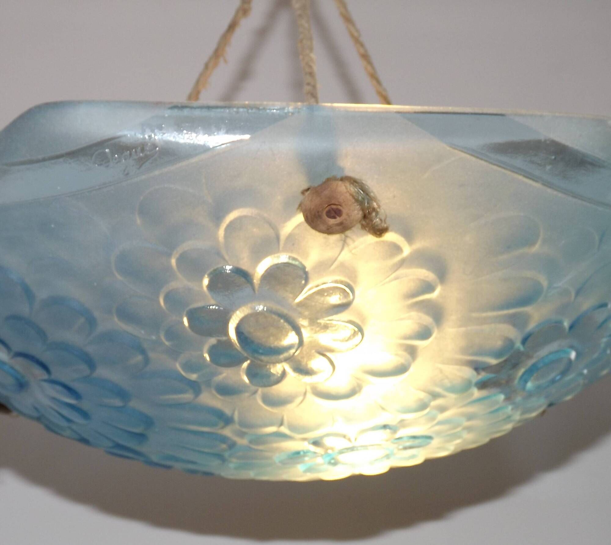 French Art Deco Degué Ice Blue Hexagonal Glass Pendant Ceiling Light