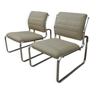 Pair of Designer Armchairs or Chairs in chrome metal and beige fabric 1970