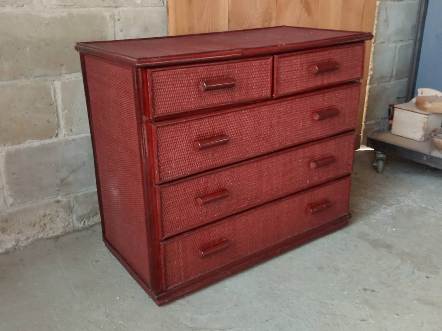 Vintage red lacquered rattan chest of drawers