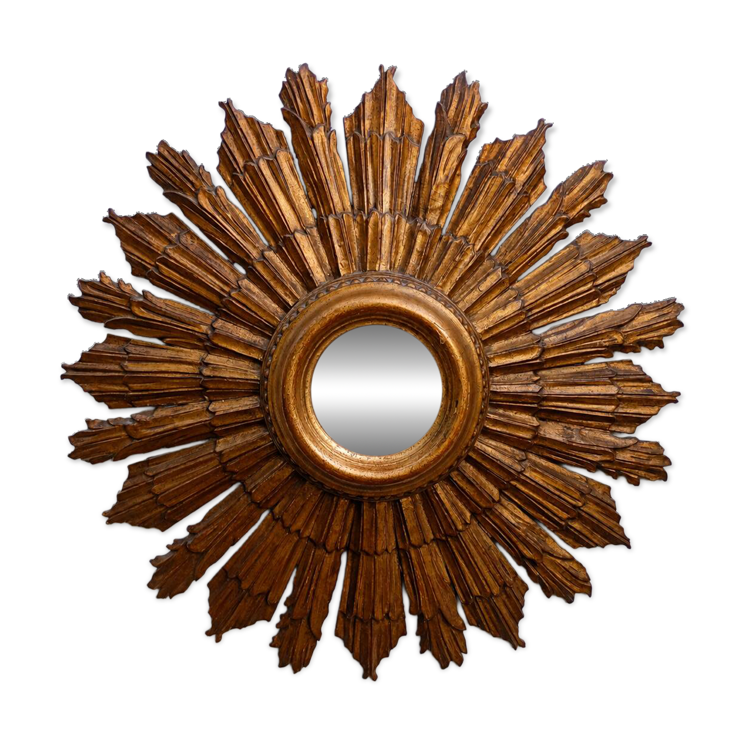 Grand miroir soleil des Pays-Bas en bois sculpté doré – années 60 m