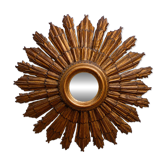 Grand miroir soleil des Pays-Bas en bois sculpté doré – années 60 m