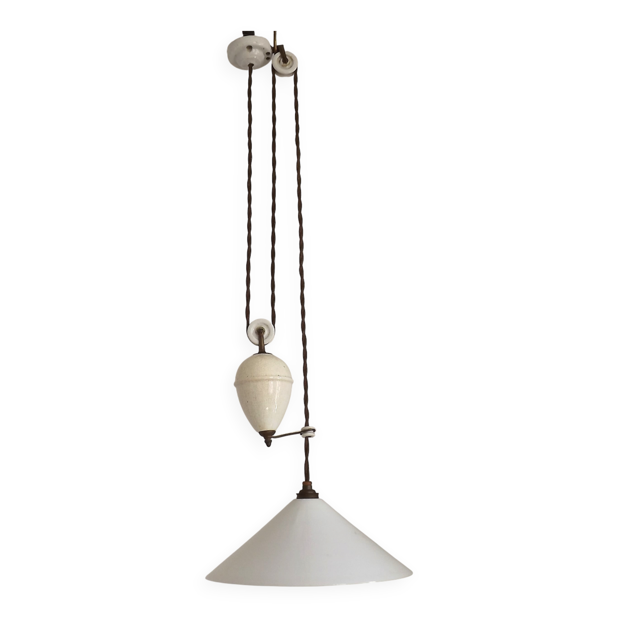 Vintage French Rise & Fall Counterbalance Ceiling Light Opaline Glass Shade