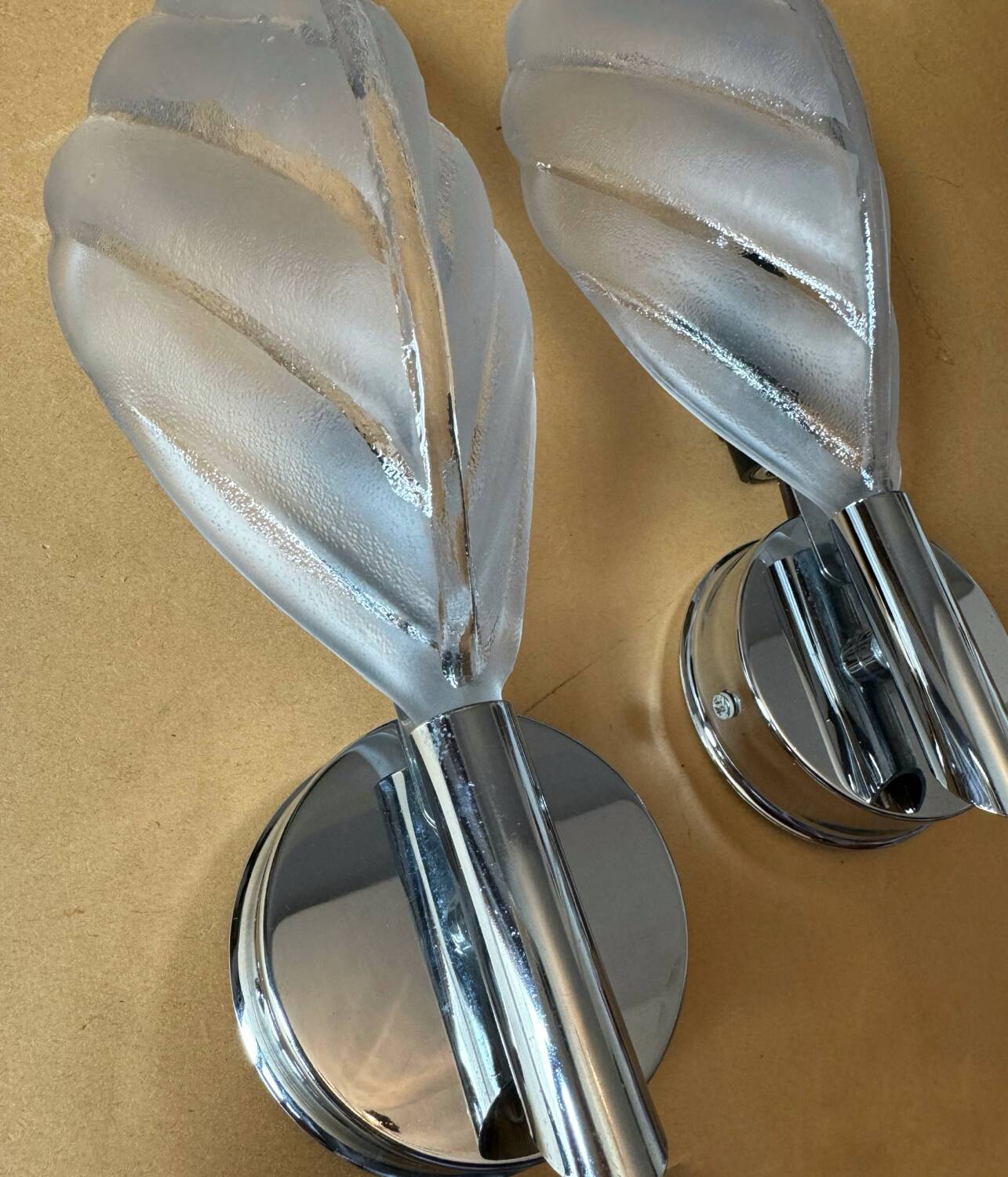 70s glass and chrome metal leaf wall lights
