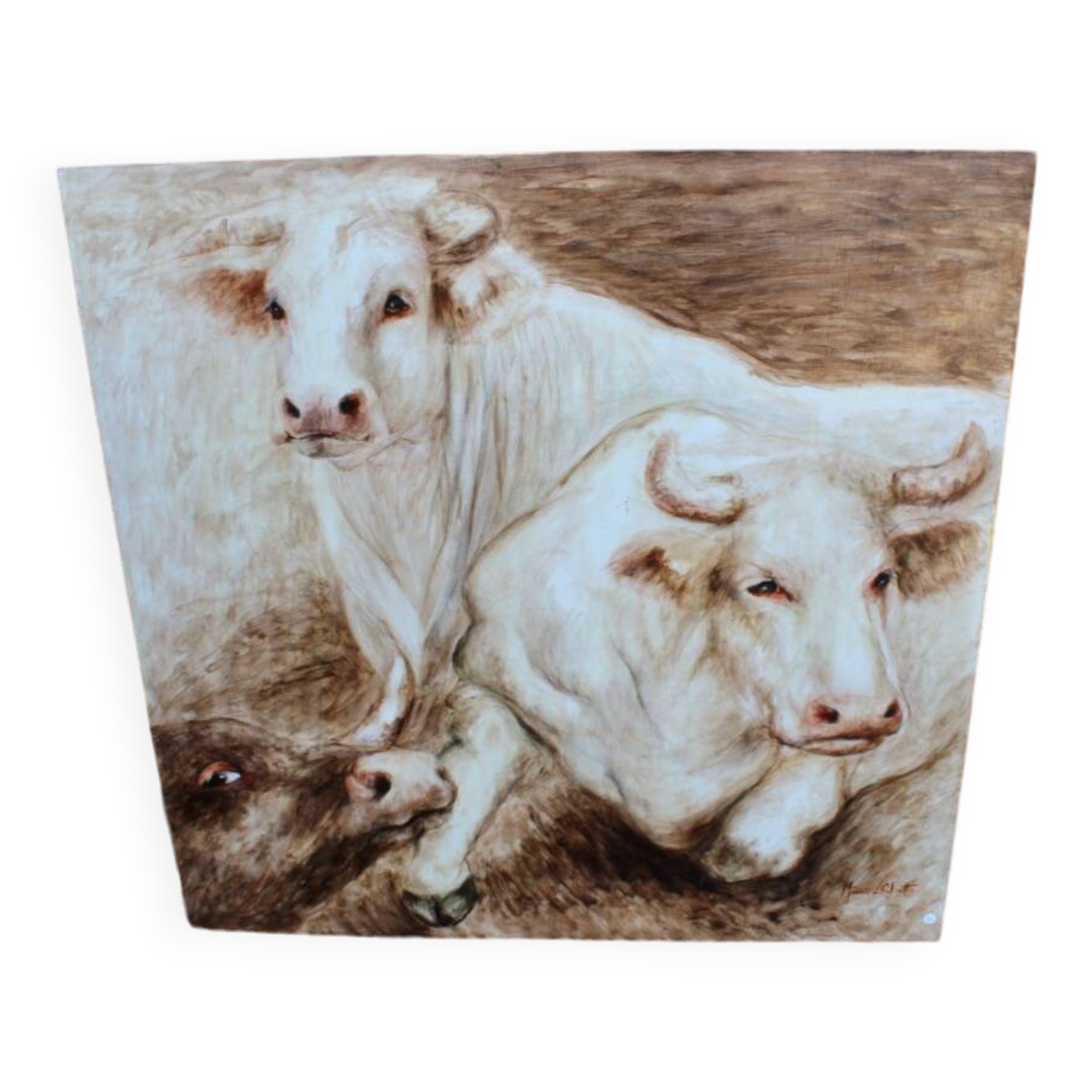 Oil painting on wooden panel representing oxen