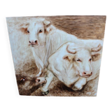 Peinture Huile sur panneau bois représentant des boeufs