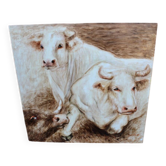 Oil painting on wooden panel representing oxen