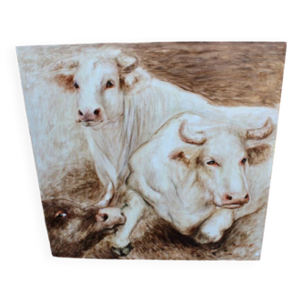 Oil painting on wooden panel representing oxen