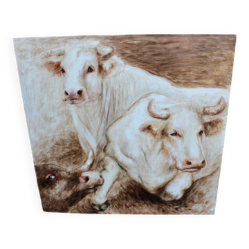 Peinture Huile sur panneau bois représentant des boeufs
