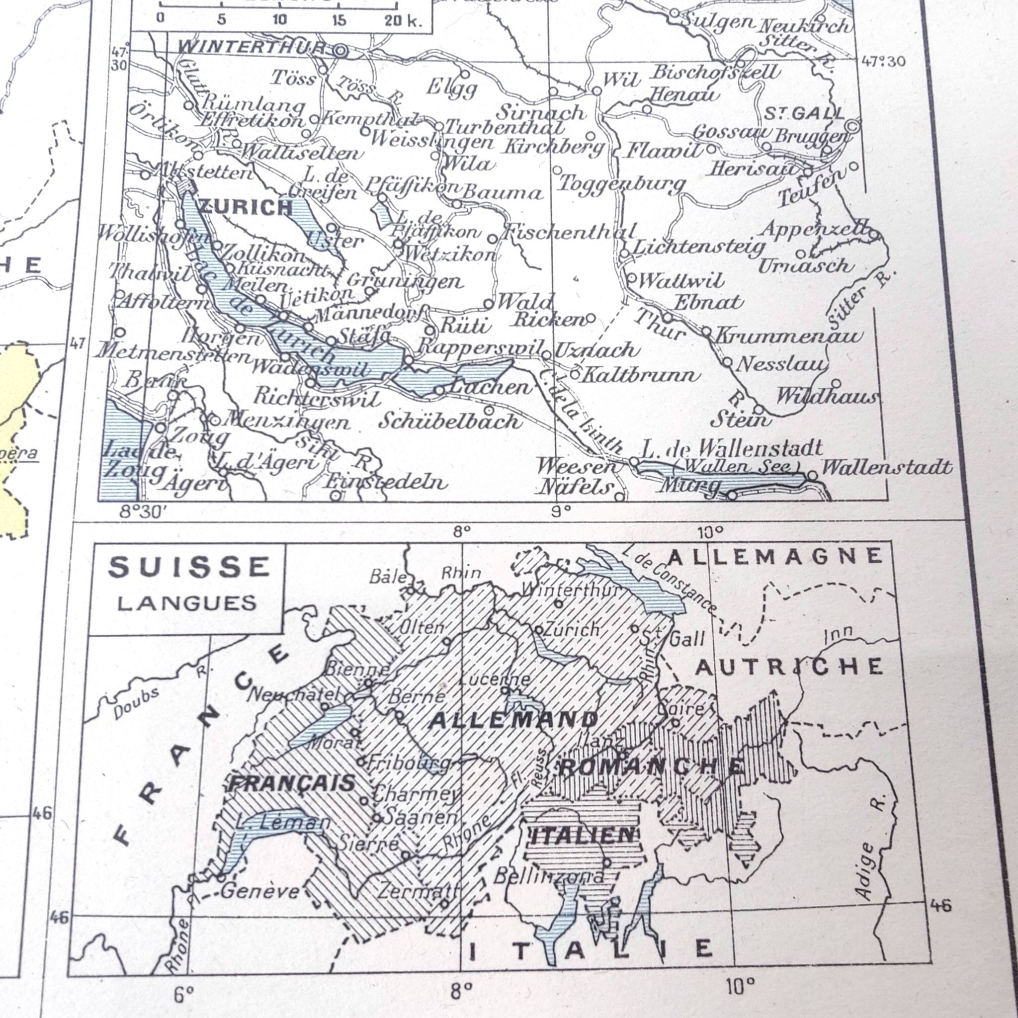 Vintage map of Switzerland in colour 43x43cm from 1950.