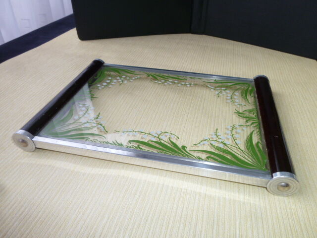 Vintage serving tray in glass and wood Lily of the valley décor