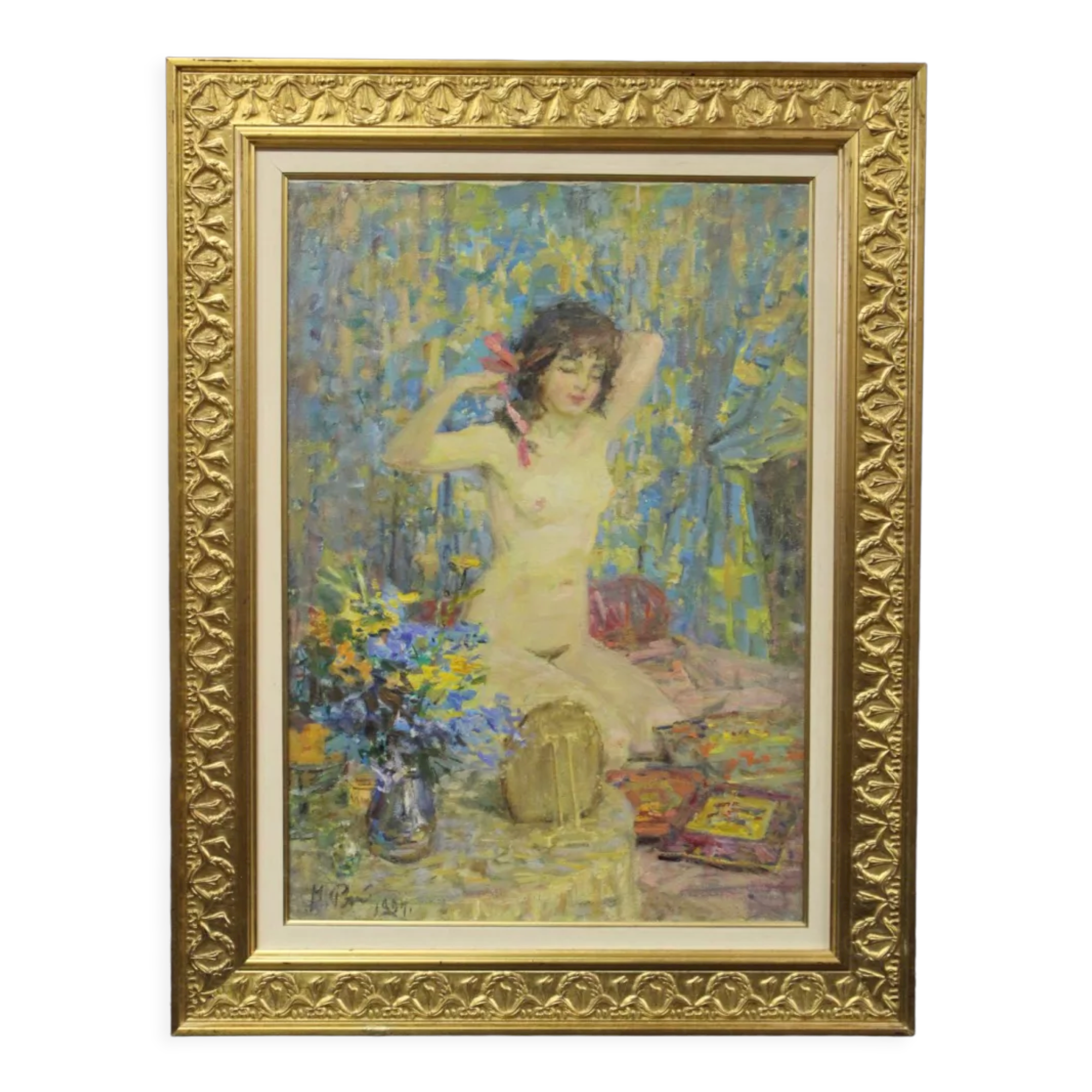 Oil on canvas young woman with a pink knot by riasnianski