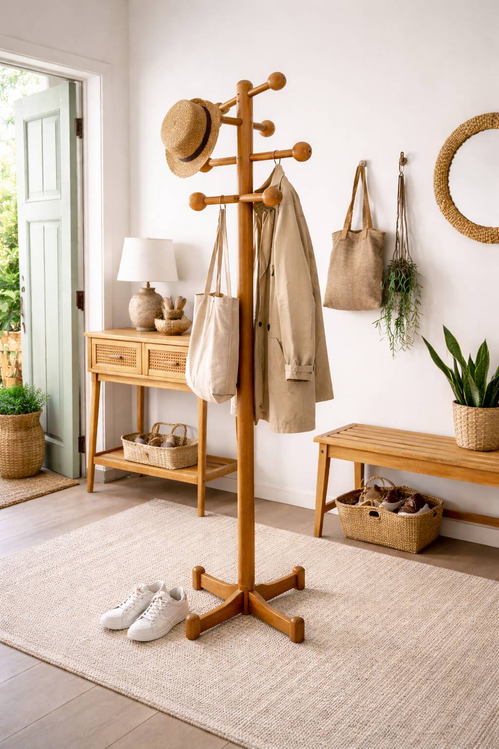 Vintage turned wooden coat rack – 1970s design – authentic patina