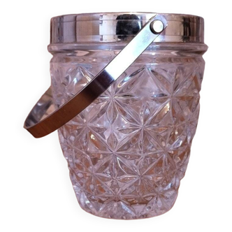 Seau à glace vintage Français en verre coupé avec poignée de transport en métal argenté 4508