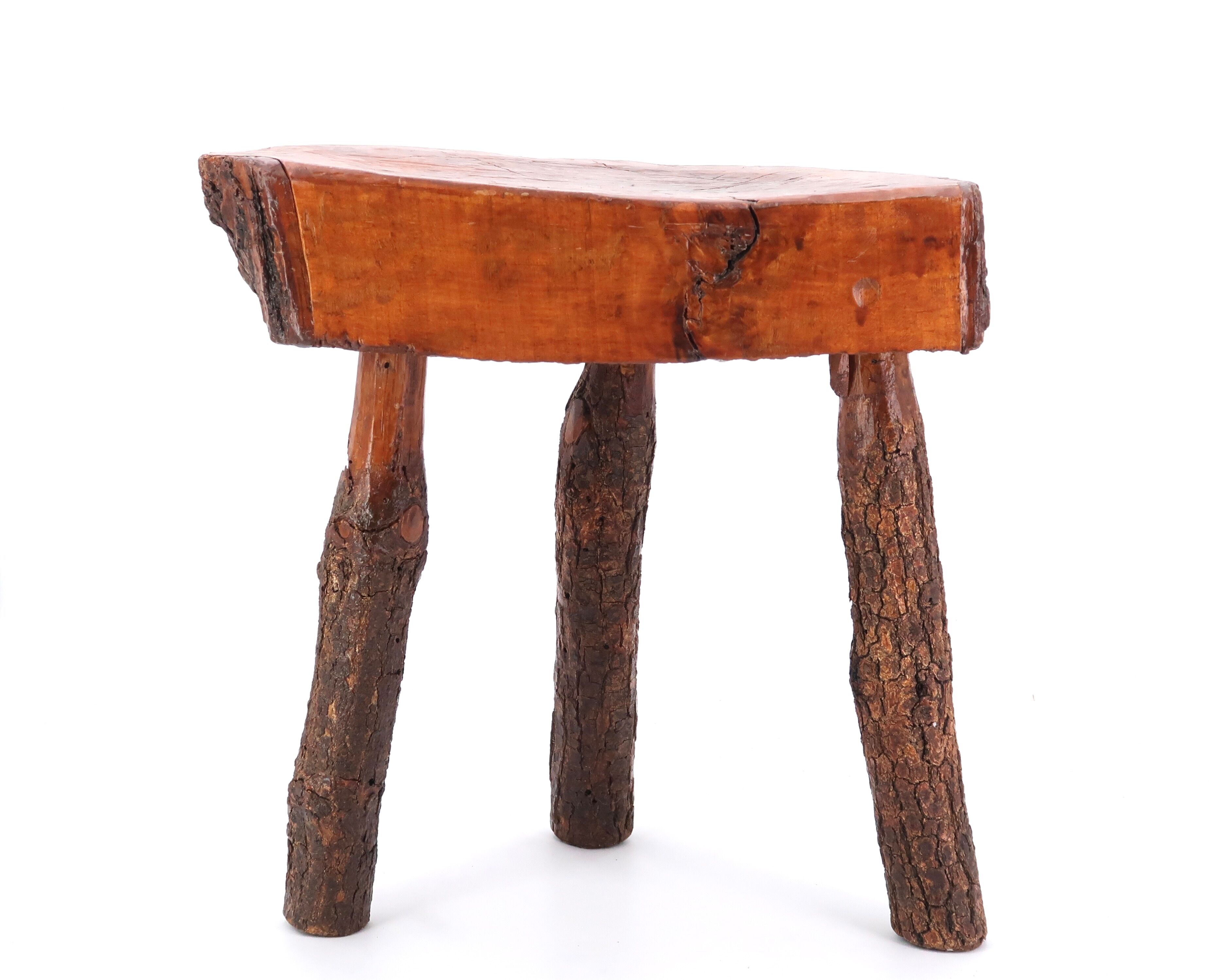 Tabouret tripode en bois avec écorce, années 50