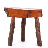 Wooden tripod stool with bark, 1950s