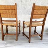 Pair of straw and solid oak chairs