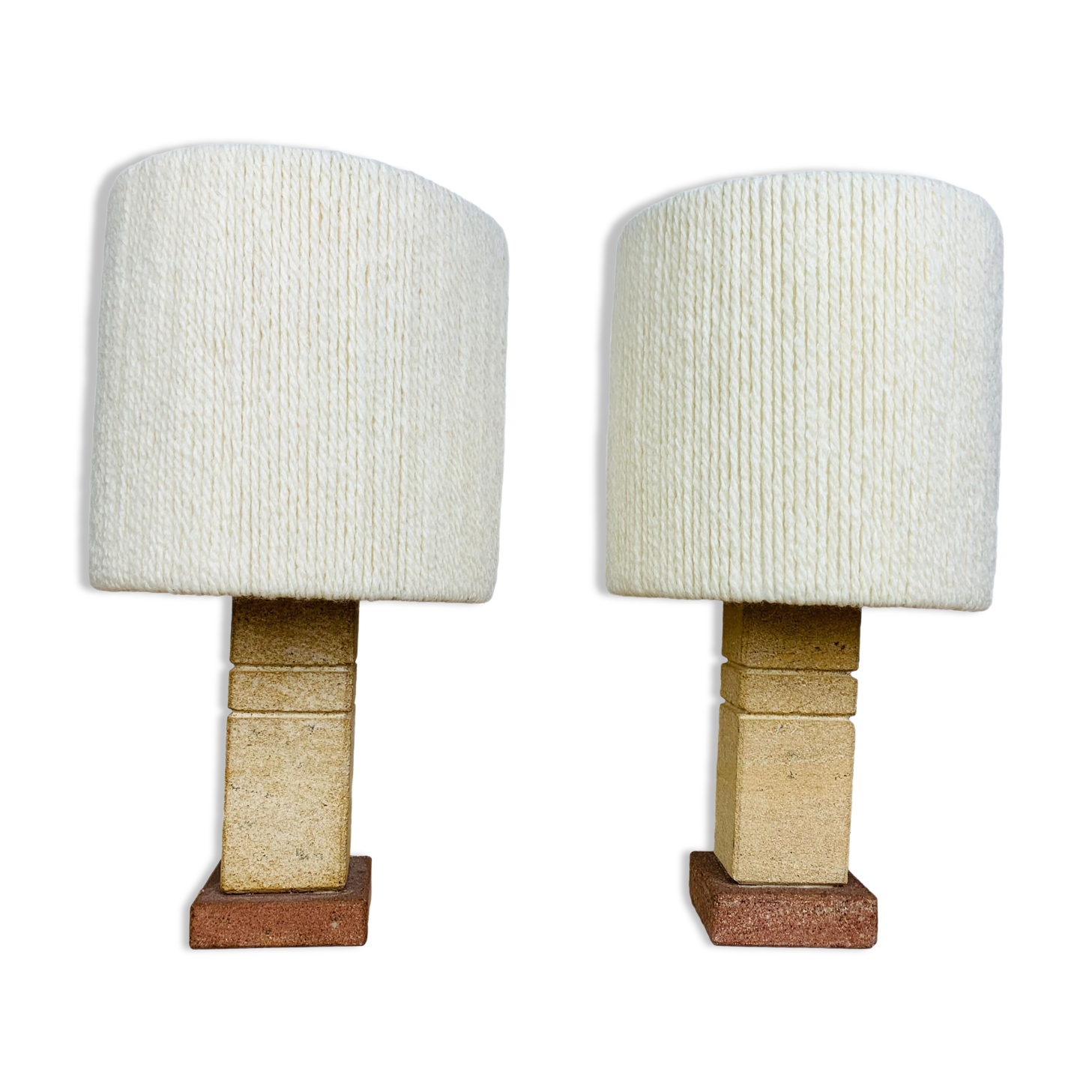 Pair of brutalist lamps pink sandstone and wool lampshade