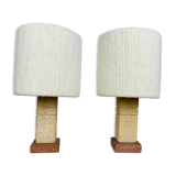 Pair of brutalist lamps pink sandstone and wool lampshade