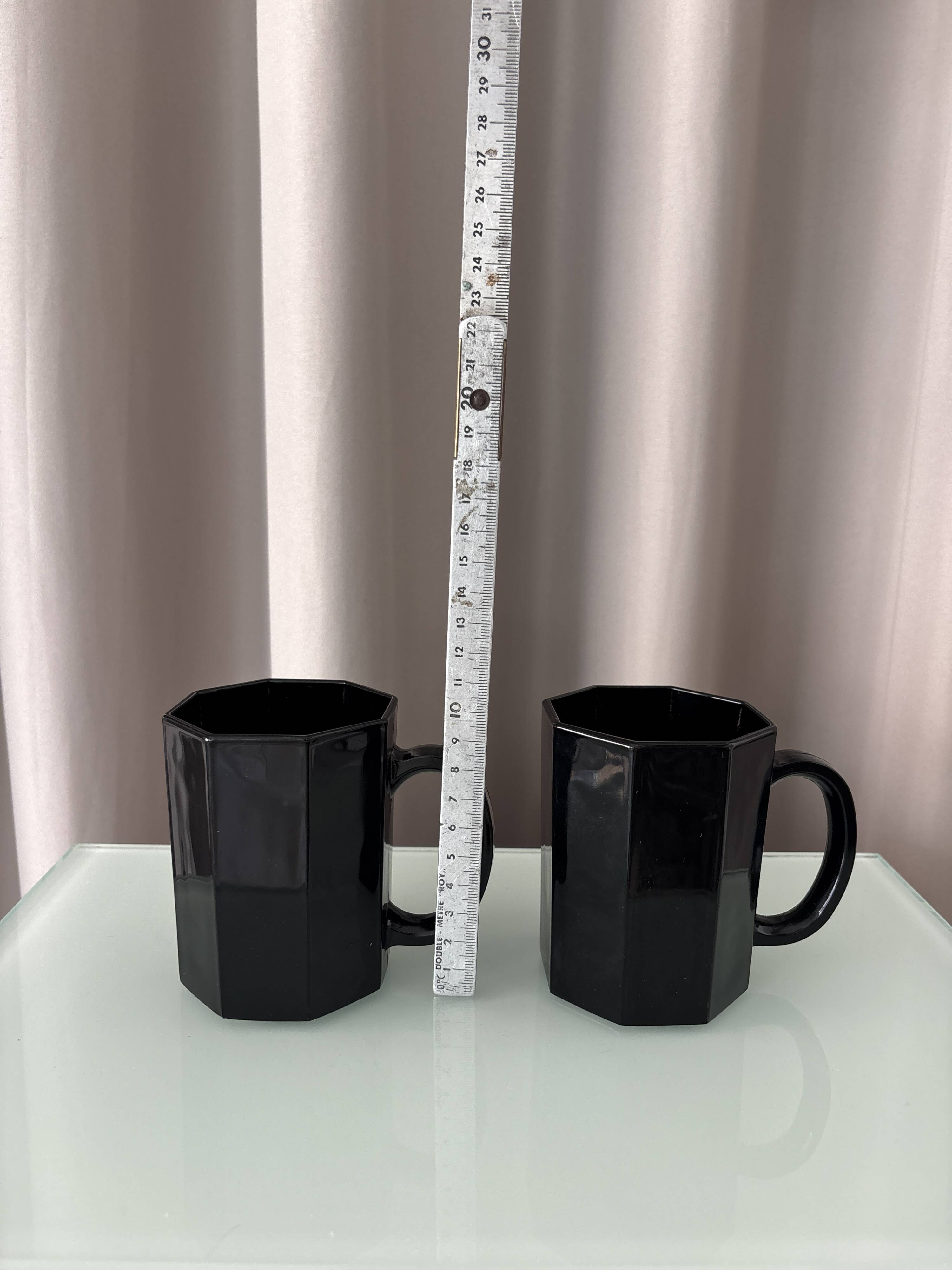 Vintage French Octagonal Black Glass Mugs | Set of 2 | Arc France | 1980s