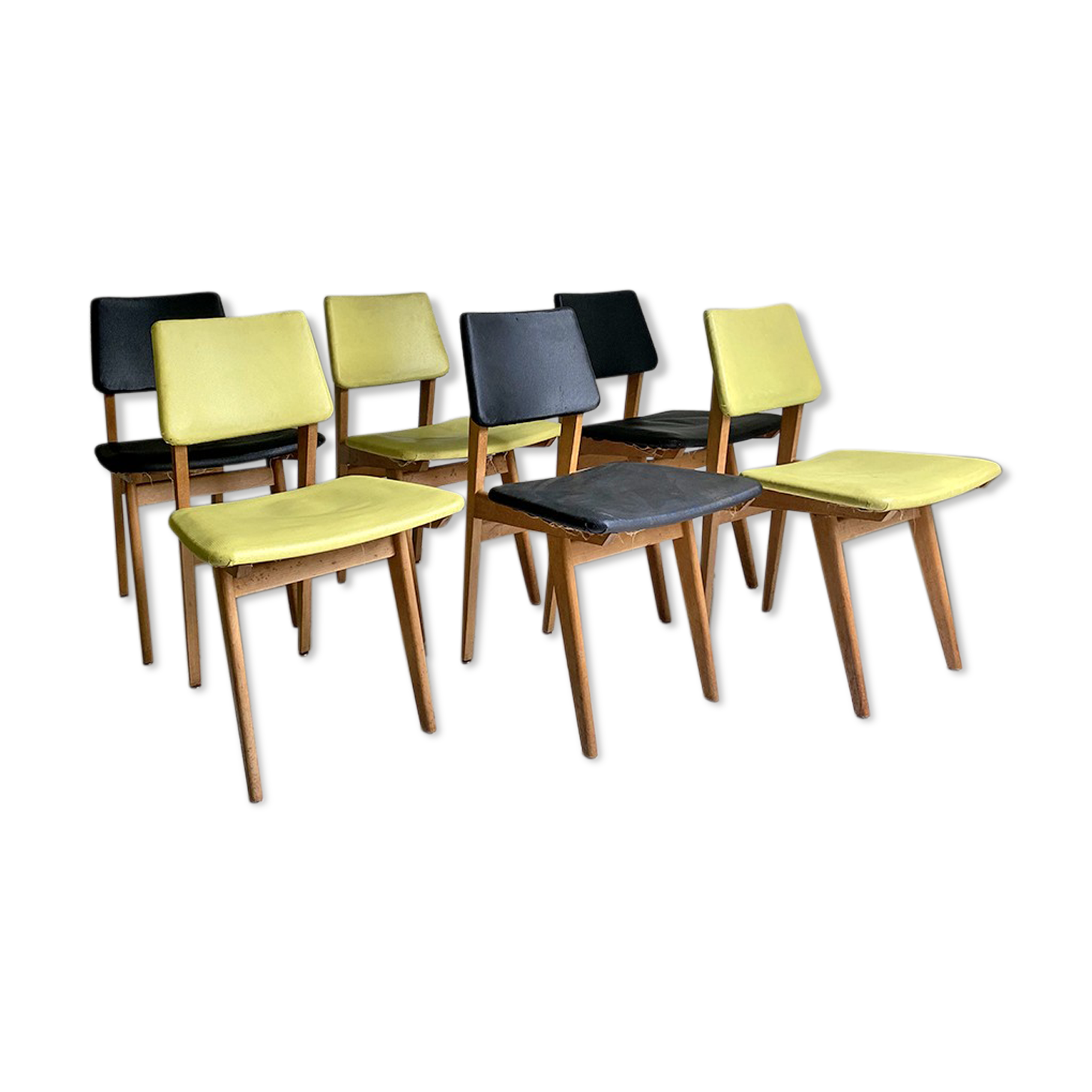 Set of 6 vintage chairs, black and green 1960