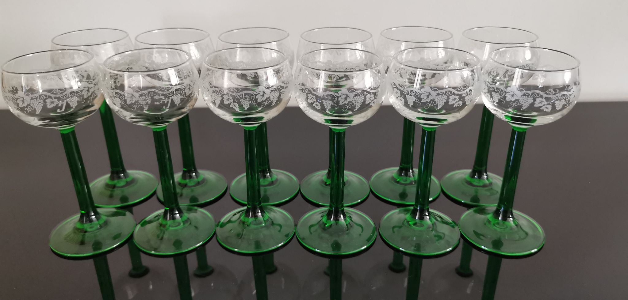 6 Vintage Alsace wine glasses with green feet decorations Bunches of Grapes and Vines
