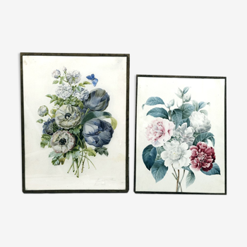 Ensemble de deux gravures aquarellées XIXe bouquets de fleurs