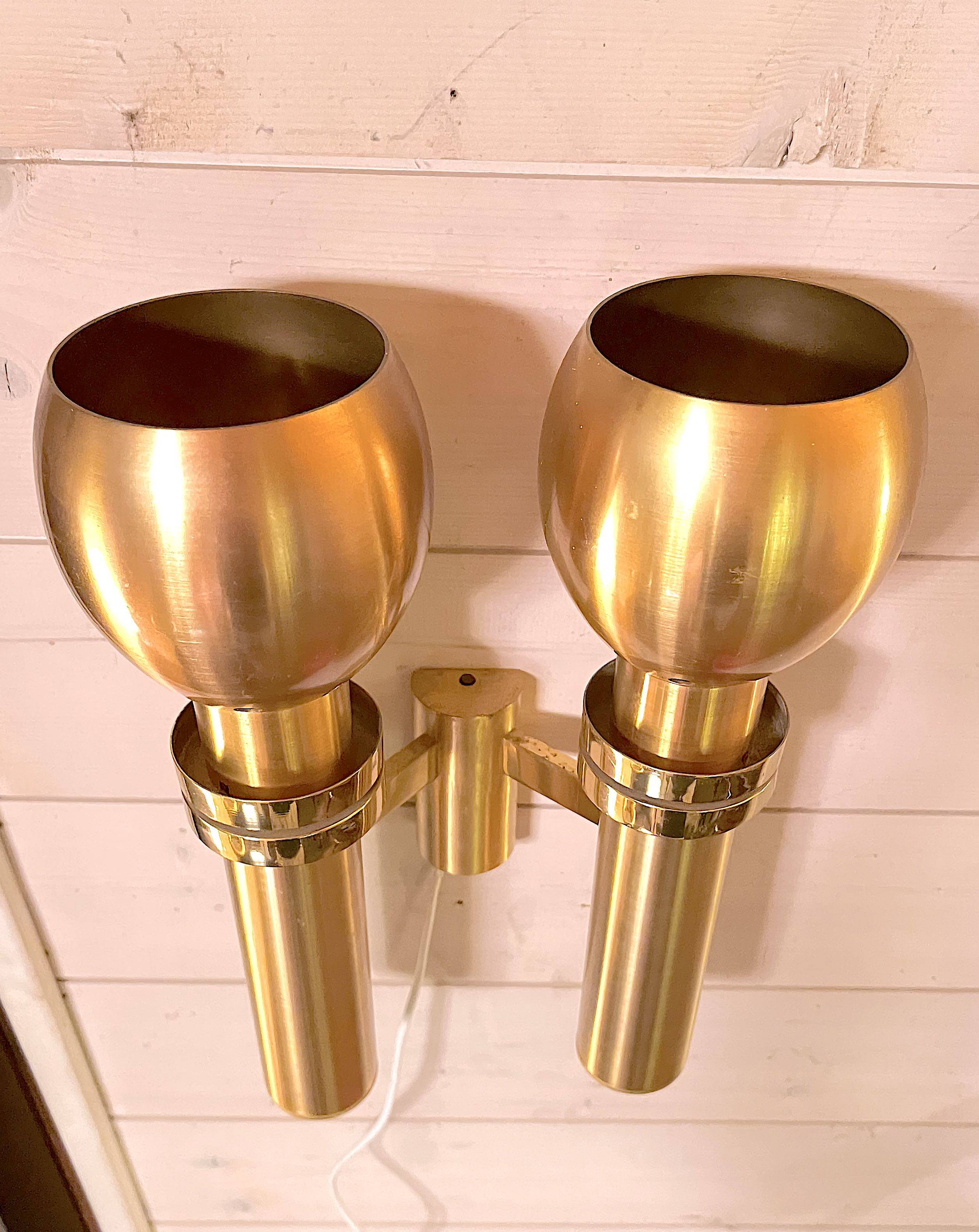 Three Large Scandinavian Brass Sconces, Mid Century