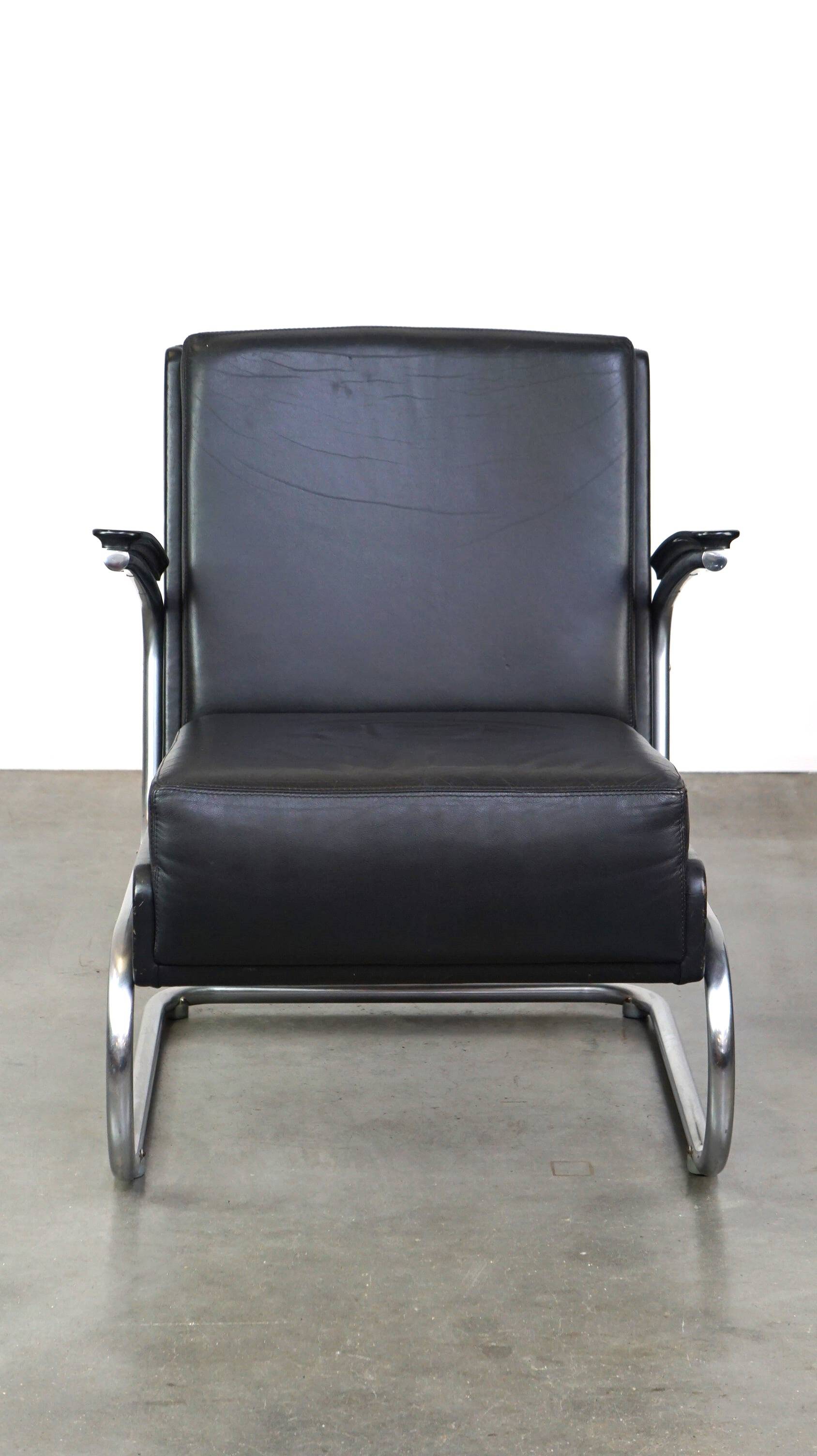Vintage brown leather Bauhaus design armchair by Ahrend de Cirkel from the 1950s