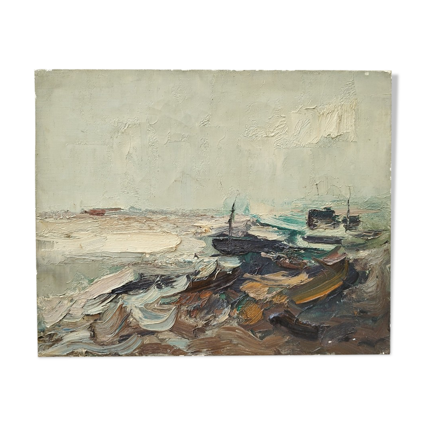 Oil on canvas boats in storm