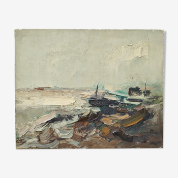 Oil on canvas boats in storm