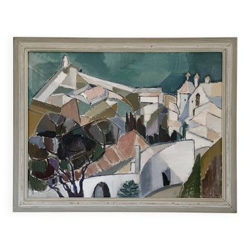 Vintage Modernists Oil On Canvas Landscape Painting by Nini Landgren 1950s