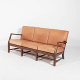 Mid-Century Danish Modern 3-seats sofa with cognac leather cushions