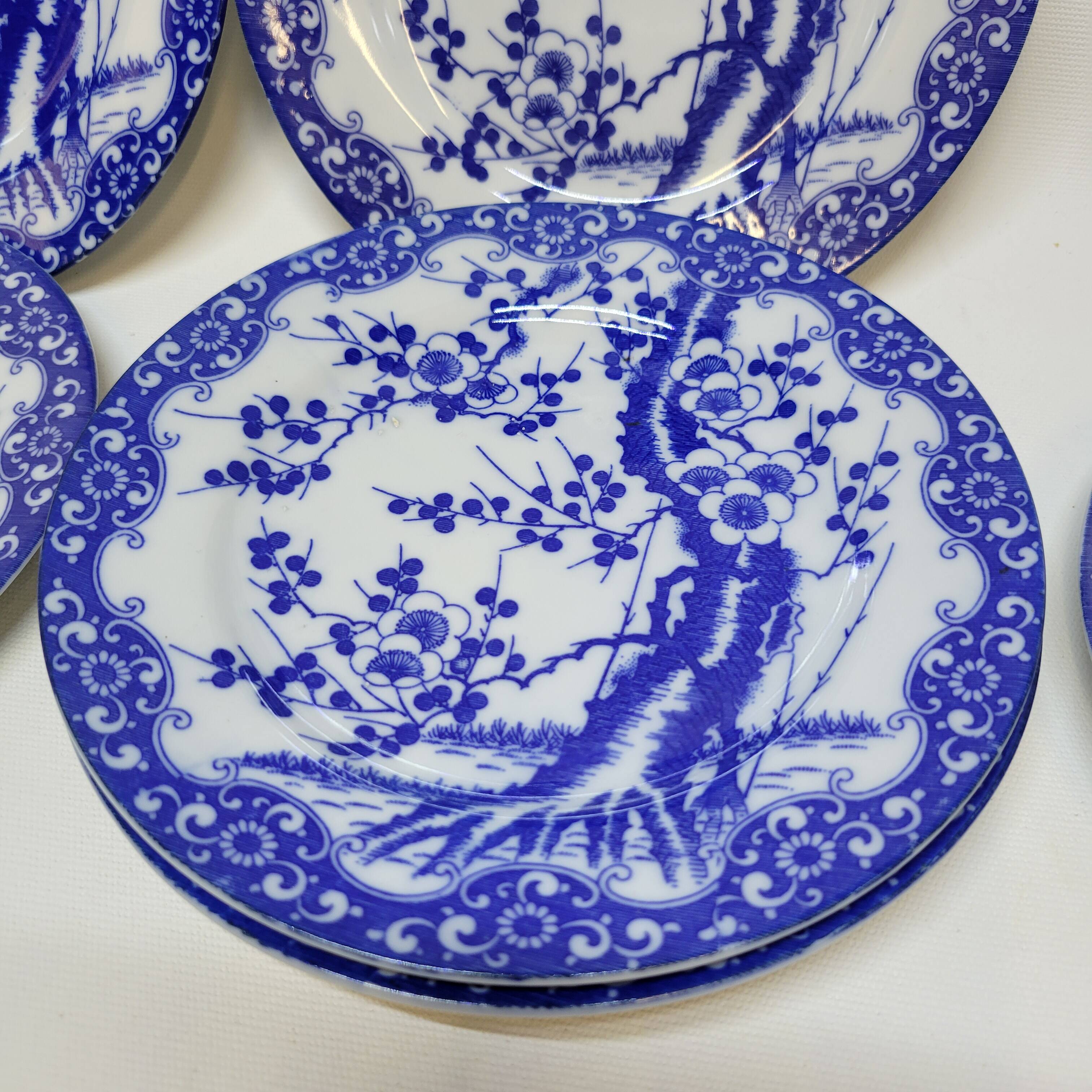 6 Small Dessert Plates in Fine Porcelain with Cherry Blue Decor