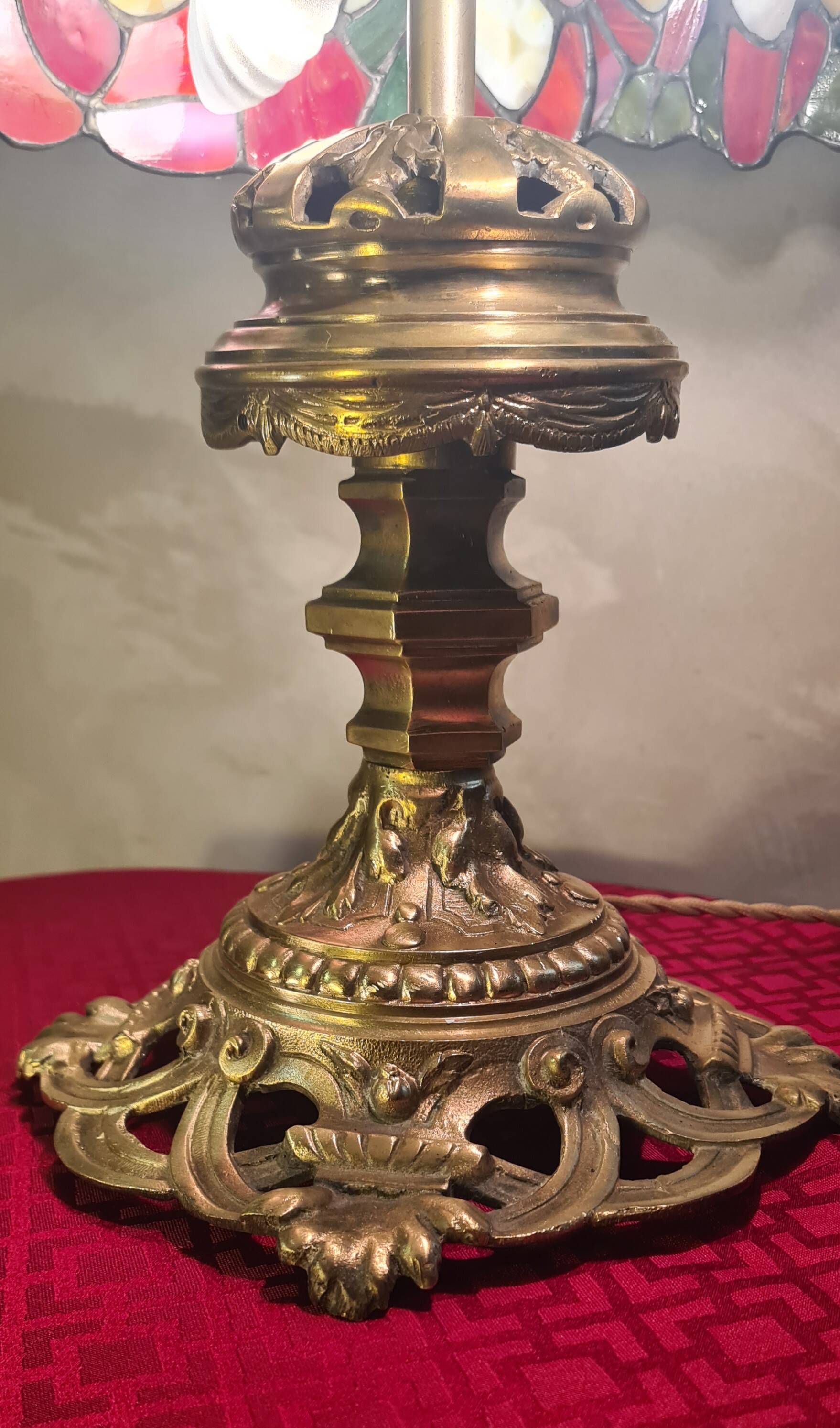 antique bronze lamp and stained glass shade