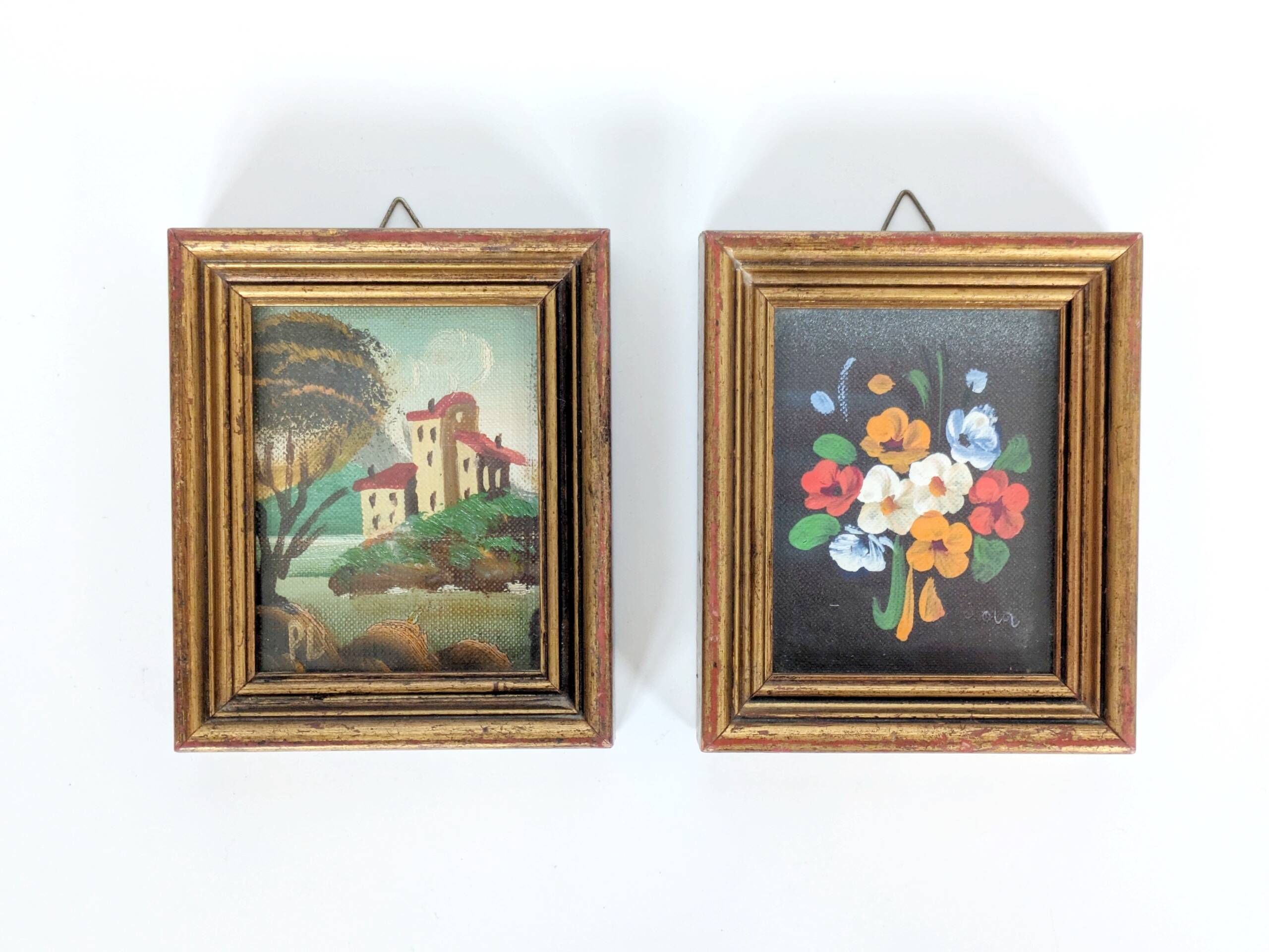 Pair of small Italian oil paintings, flowers and landscape.