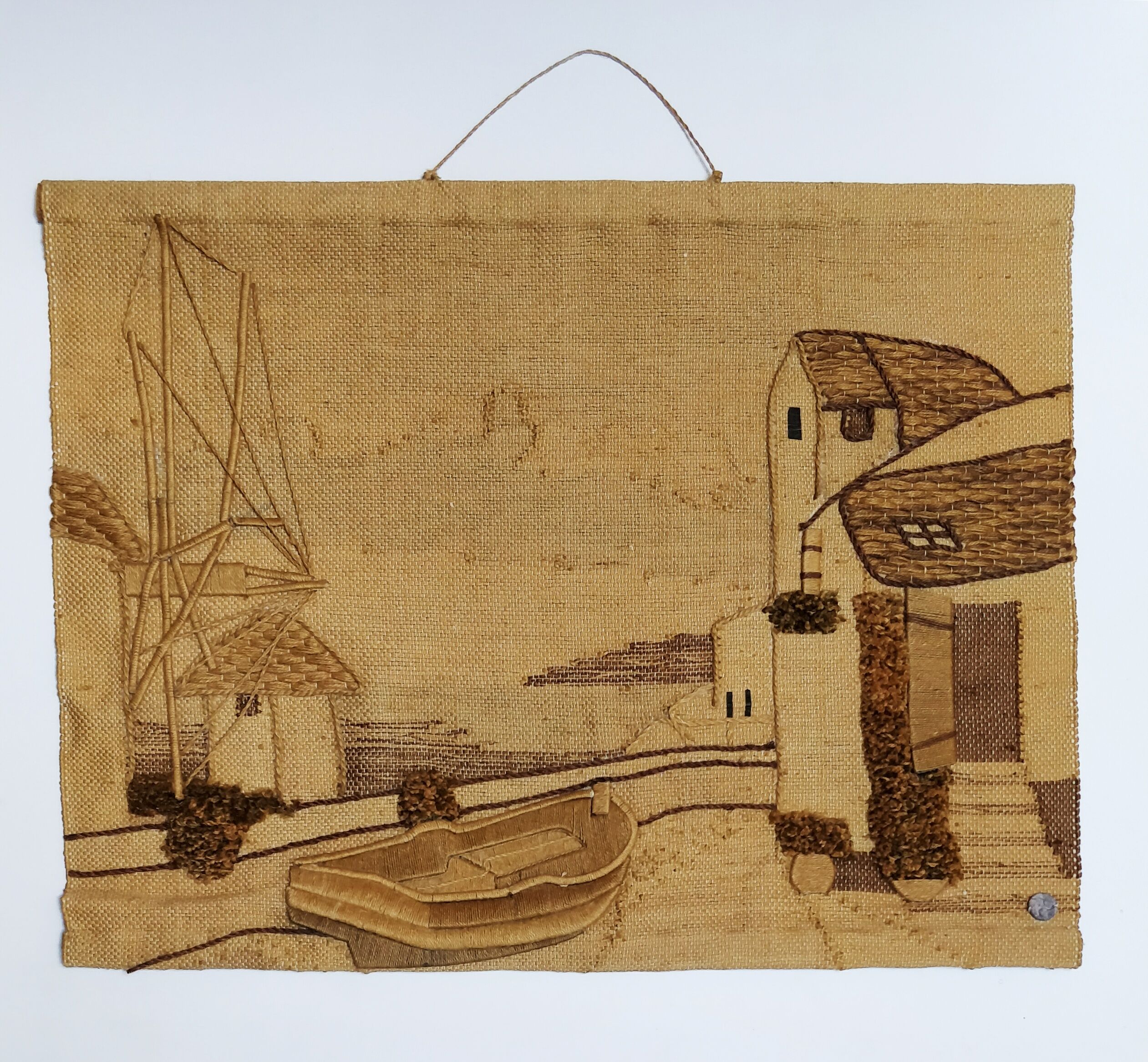 Tapestry in jute year 70 Boat and house