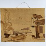 Tapestry in jute year 70 Boat and house